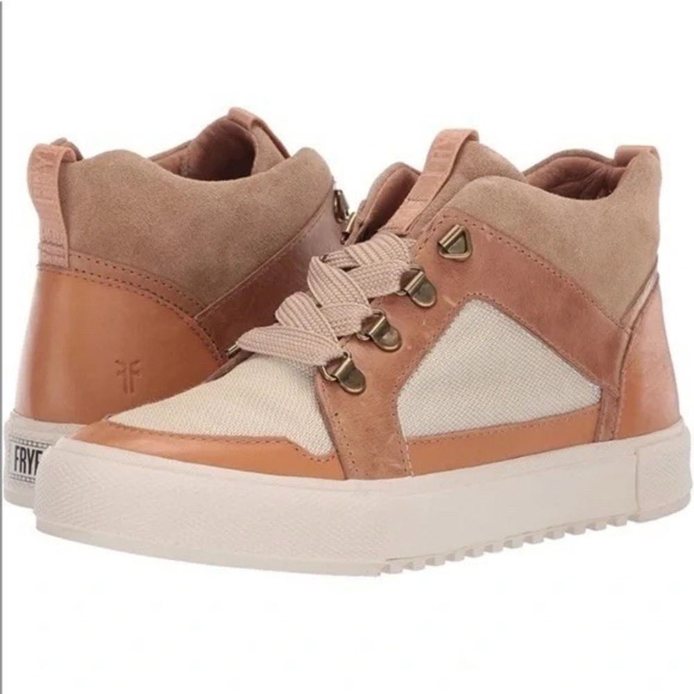 Frye Gia Lug Trail Sneaker Tan Leather Canvas High Top Shoes 6.5 Minimalist Chic